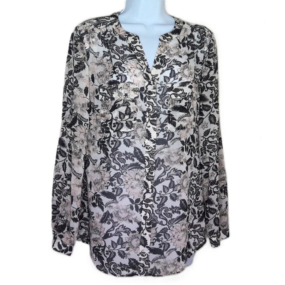 New LOFT Outlet Floral Top Blouse Semi Sheer Pockets Black Pink & Gray NWOT Sz S